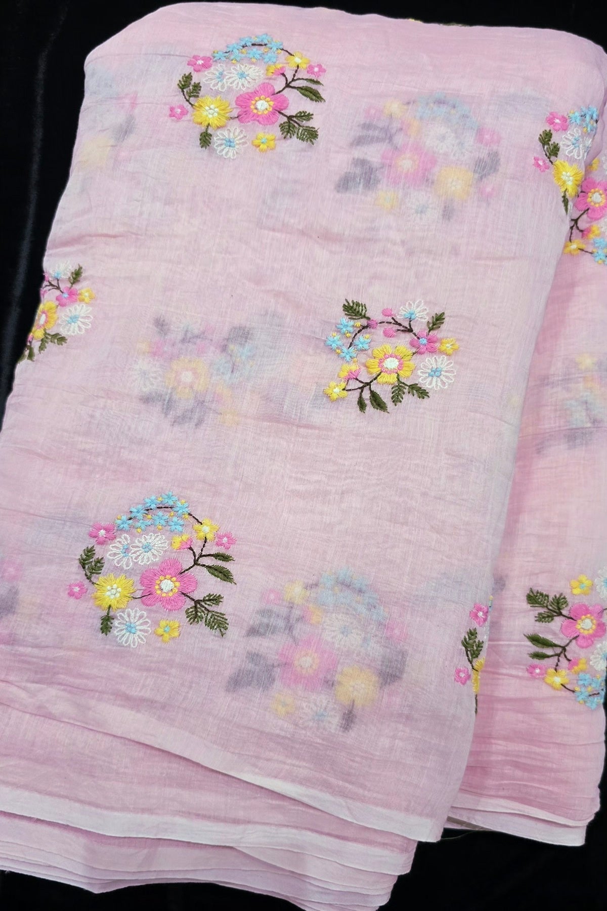 Petite Floral Bunches Embroidered Pure Mul Chanderi Fabric