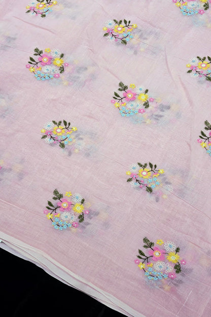 Petite Floral Bunches Embroidered Pure Mul Chanderi Fabric