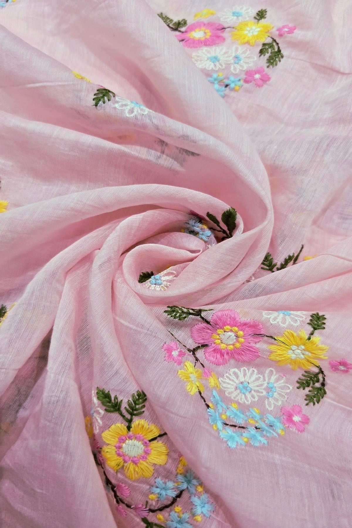 Petite Floral Bunches Embroidered Pure Mul Chanderi Fabric