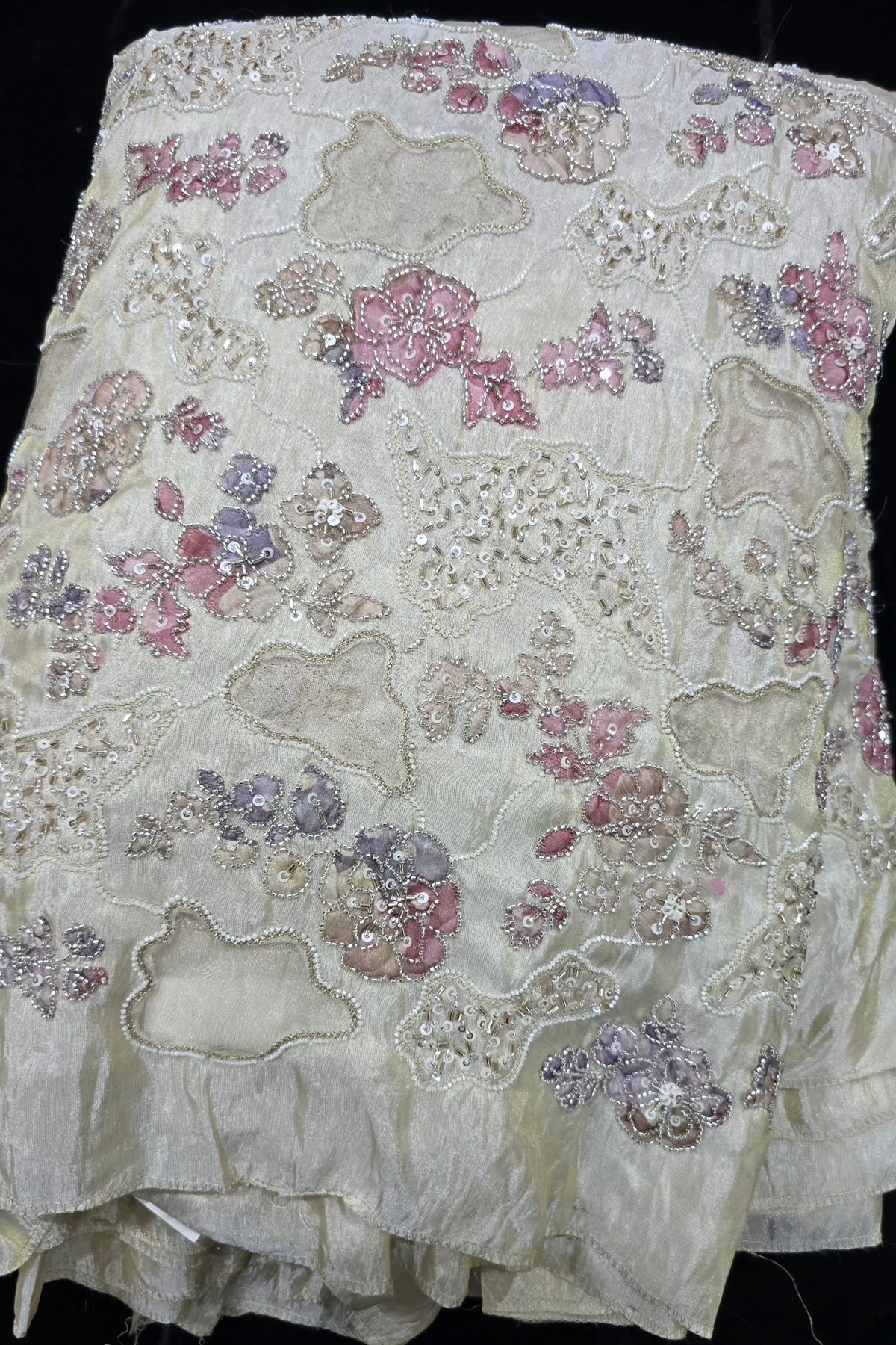 Net Applique Work & Cut Beads Embroidered Uppada Tissue Fabric