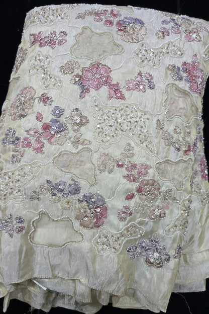 Net Applique Work & Cut Beads Embroidered Uppada Tissue Fabric