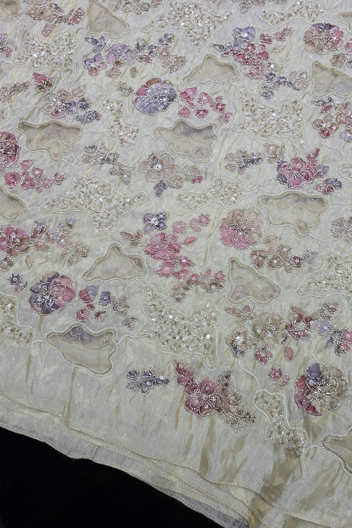Net Applique Work & Cut Beads Embroidered Uppada Tissue Fabric