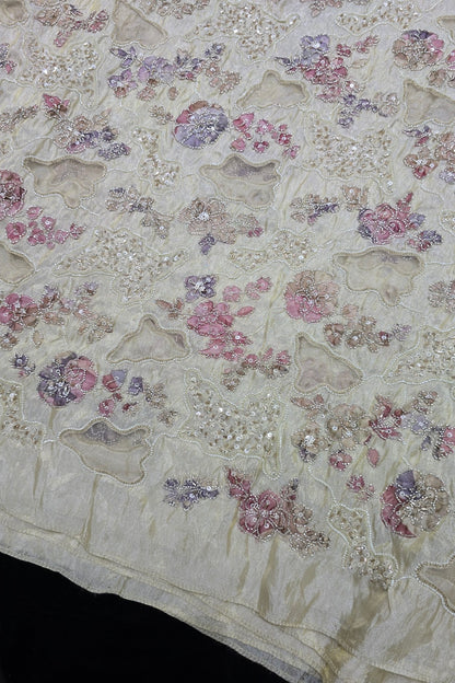 Net Applique Work & Cut Beads Embroidered Uppada Tissue Fabric