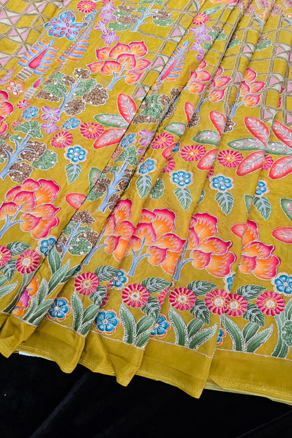 Harlequin & Botanical Prints Embroidered Natural Crepe Fabric