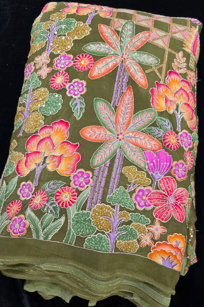 Harlequin & Botanical Prints Embroidered Natural Crepe Fabric