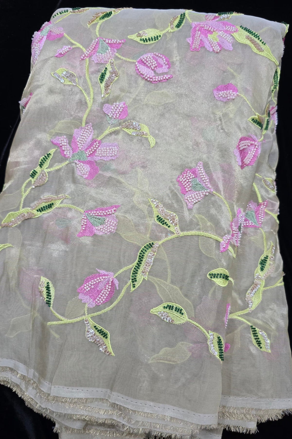 Rangoon Creeper Inspired Cut Beads & Sequins Embroidered Uppada Tissue Fabric