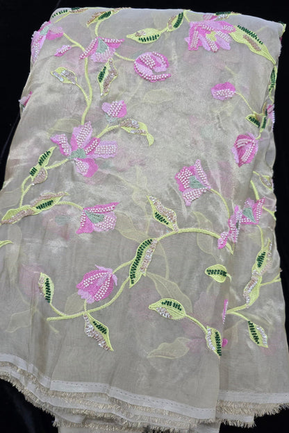 Rangoon Creeper Inspired Cut Beads & Sequins Embroidered Uppada Tissue Fabric