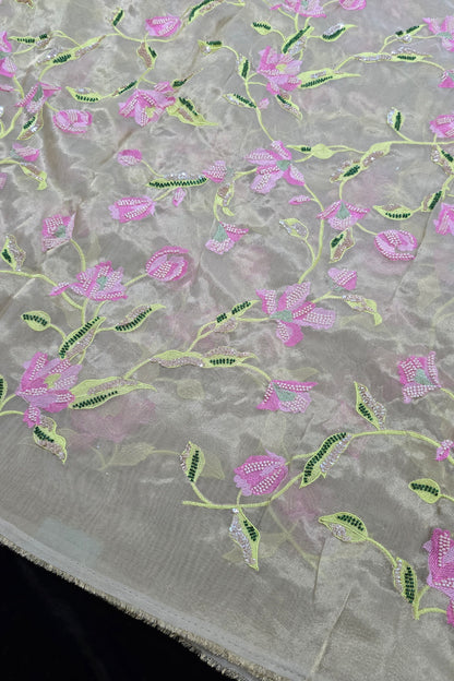 Rangoon Creeper Inspired Cut Beads & Sequins Embroidered Uppada Tissue Fabric