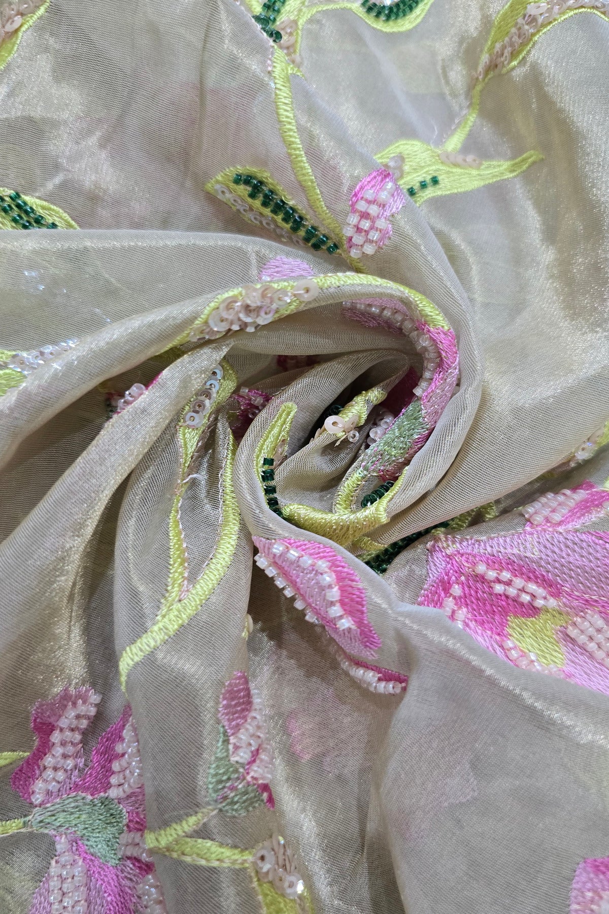 Rangoon Creeper Inspired Cut Beads & Sequins Embroidered Uppada Tissue Fabric