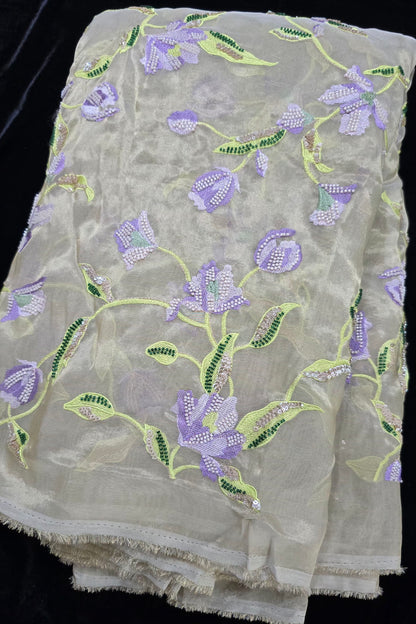 Rangoon Creeper Inspired Cut Beads & Sequins Embroidered Uppada Tissue Fabric