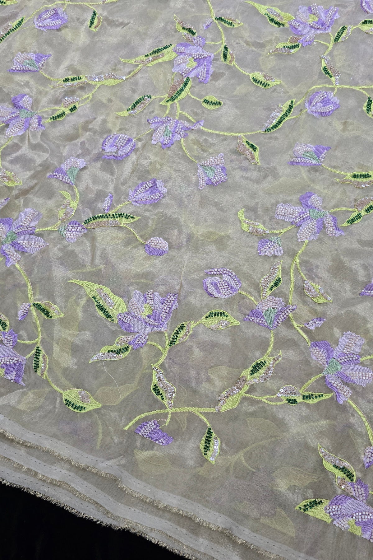 Rangoon Creeper Inspired Cut Beads & Sequins Embroidered Uppada Tissue Fabric
