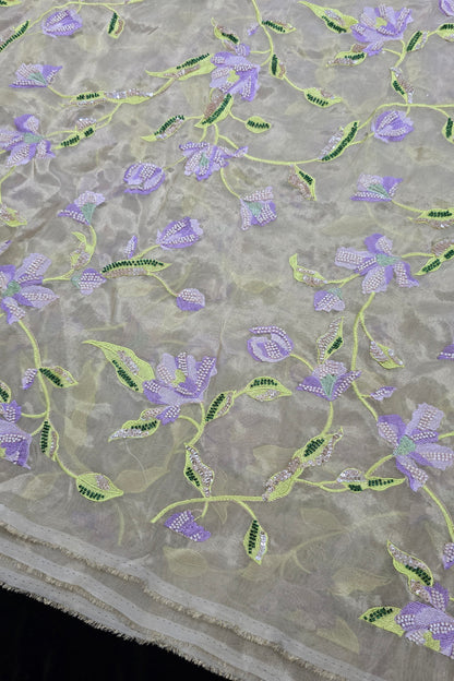 Rangoon Creeper Inspired Cut Beads & Sequins Embroidered Uppada Tissue Fabric