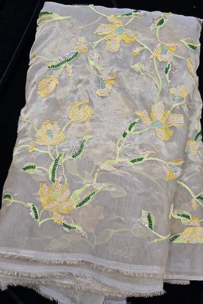 Rangoon Creeper Inspired Cut Beads & Sequins Embroidered Uppada Tissue Fabric