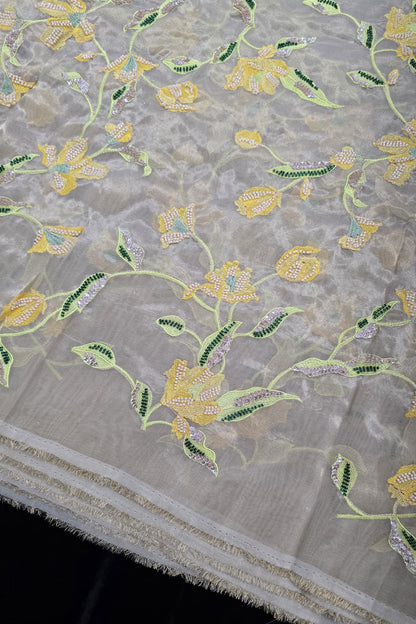 Rangoon Creeper Inspired Cut Beads & Sequins Embroidered Uppada Tissue Fabric