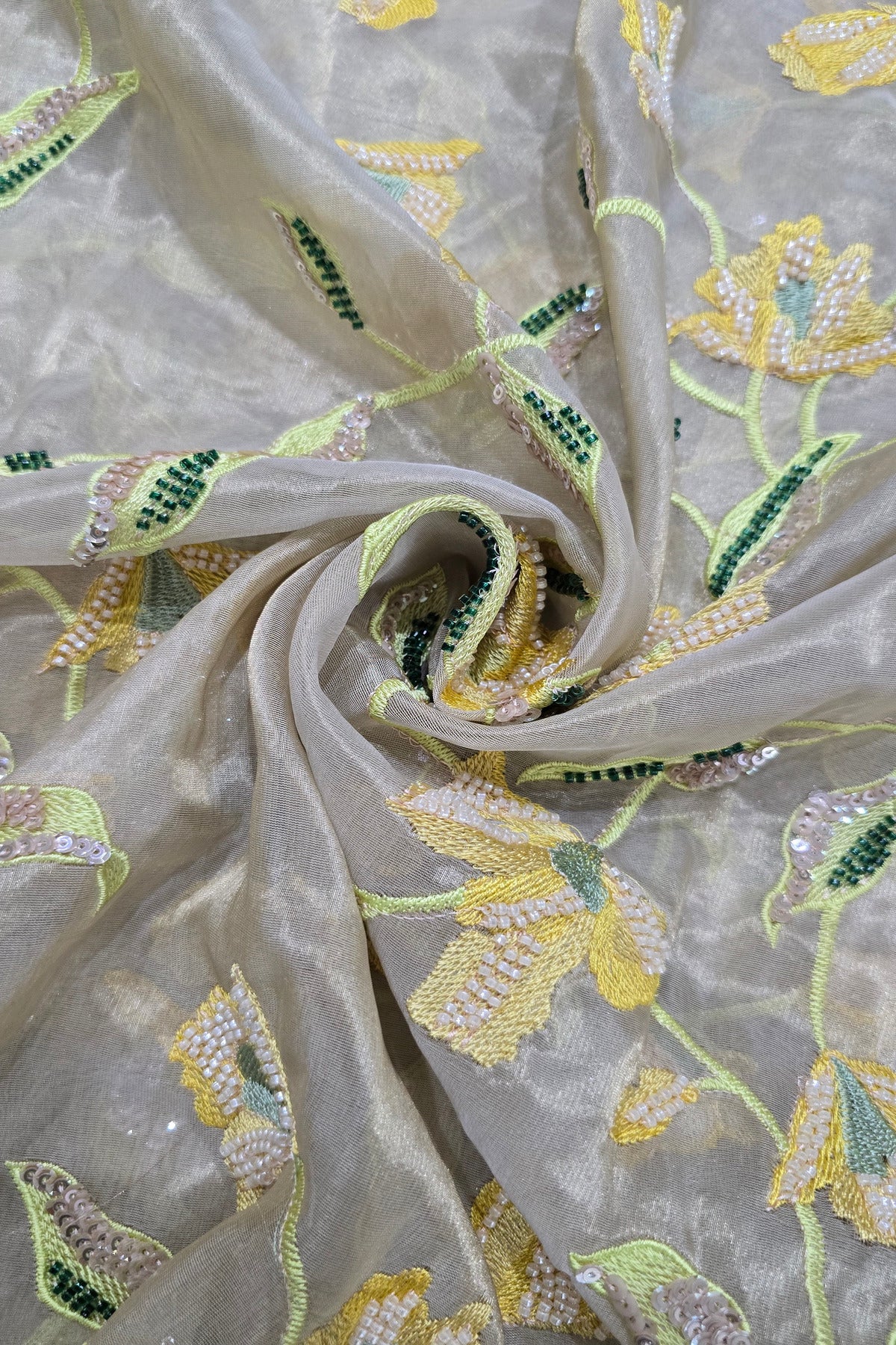 Rangoon Creeper Inspired Cut Beads & Sequins Embroidered Uppada Tissue Fabric