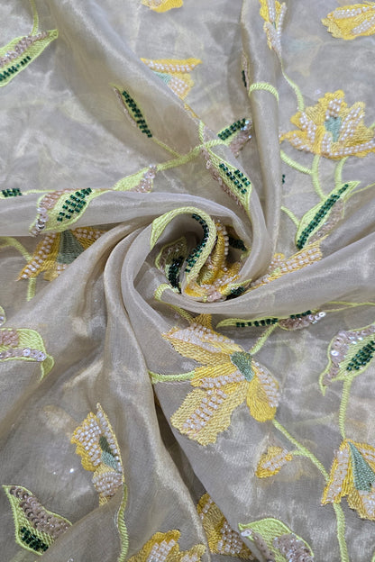 Rangoon Creeper Inspired Cut Beads & Sequins Embroidered Uppada Tissue Fabric
