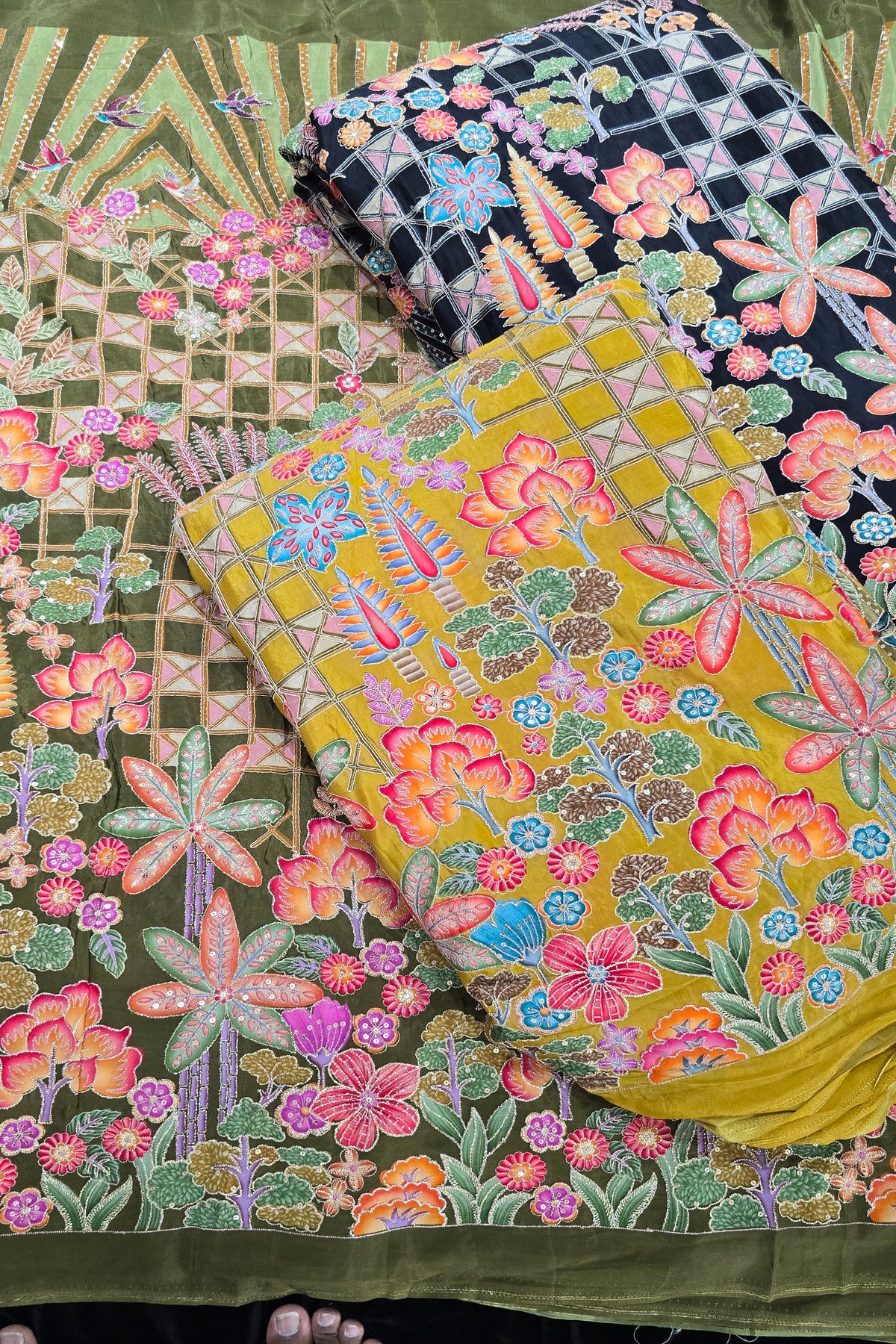 Harlequin & Botanical Prints Embroidered Natural Crepe Fabric