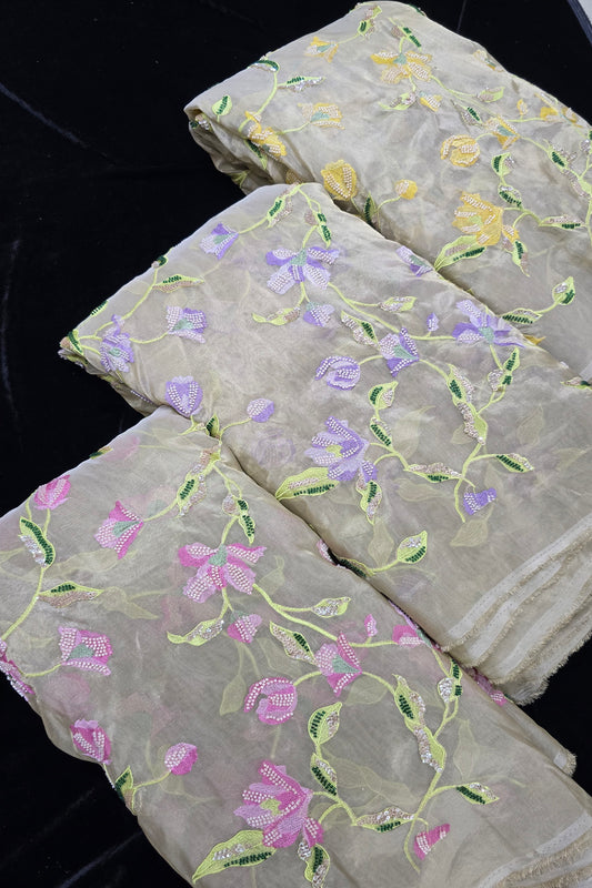 Rangoon Creeper Inspired Cut Beads & Sequins Embroidered Uppada Tissue Fabric