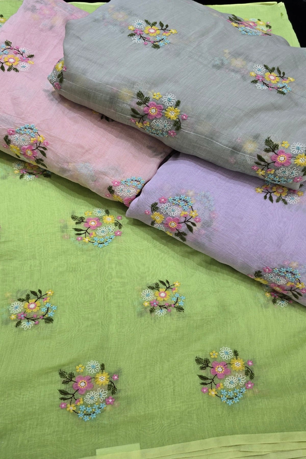 Petite Floral Bunches Embroidered Pure Mul Chanderi Fabric
