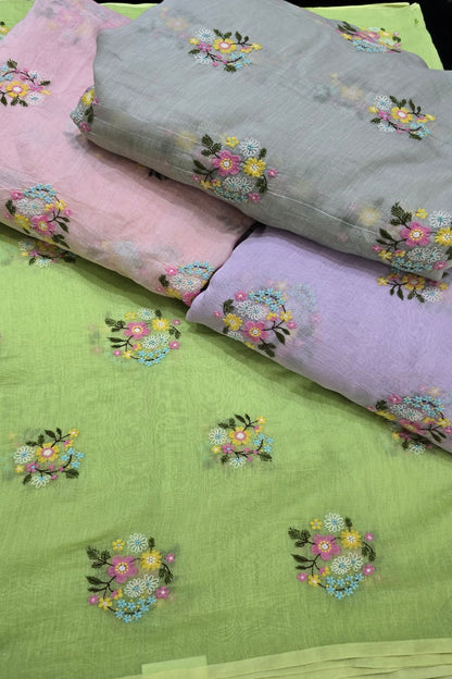 Petite Floral Bunches Embroidered Pure Mul Chanderi Fabric