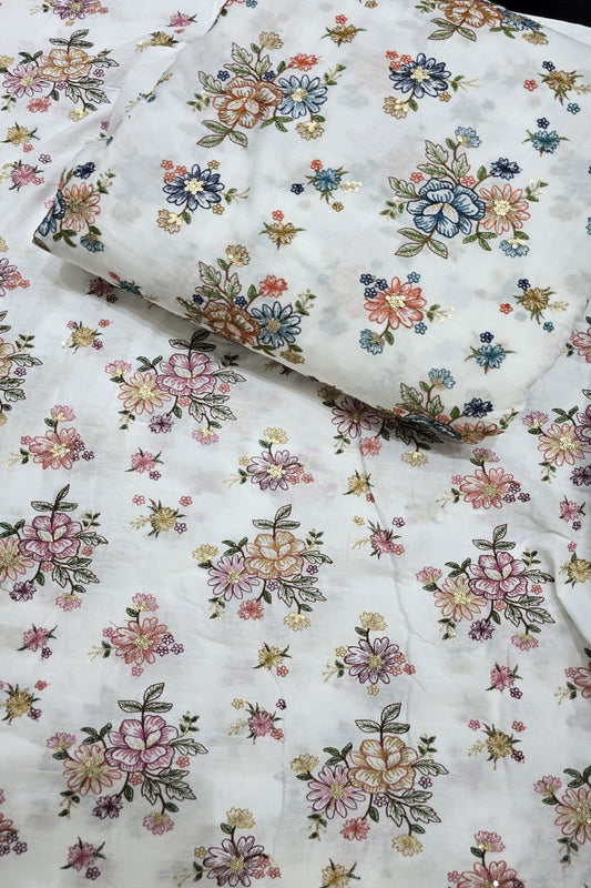 Floral Fete Multi Thread Embroidered Pure Kora Cotton Fabric