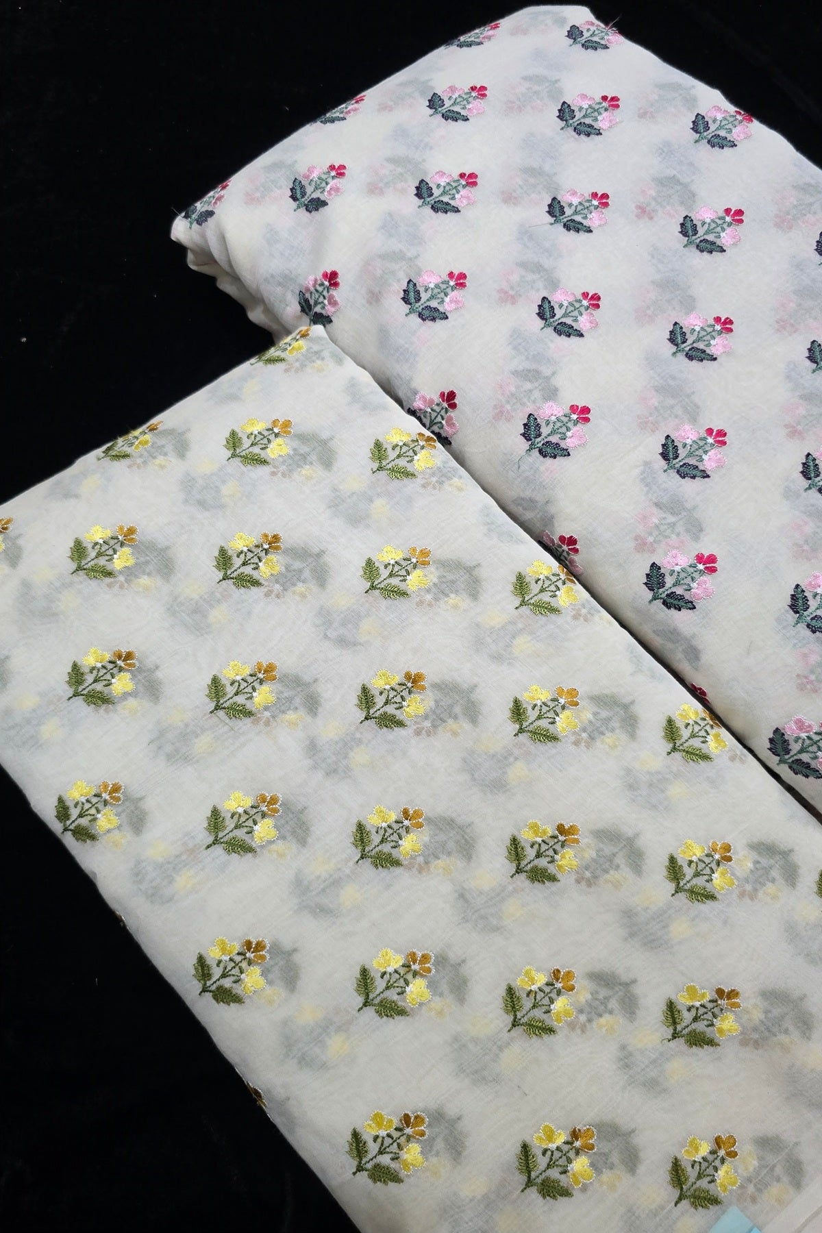 Trio Of Flowers Embroidered Pure Mul Chanderi Fabric