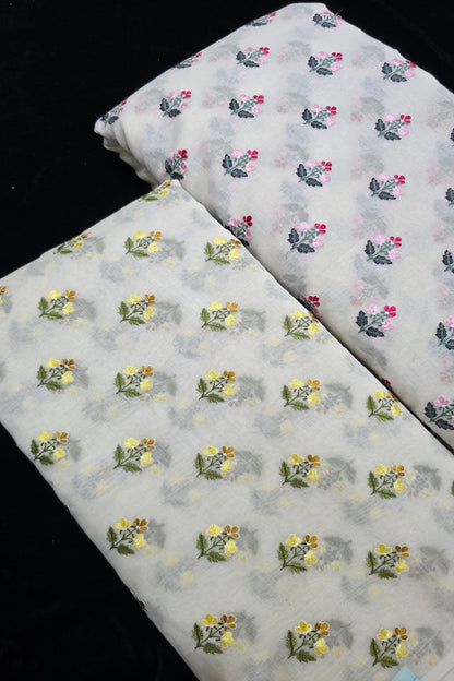 Trio Of Flowers Embroidered Pure Mul Chanderi Fabric