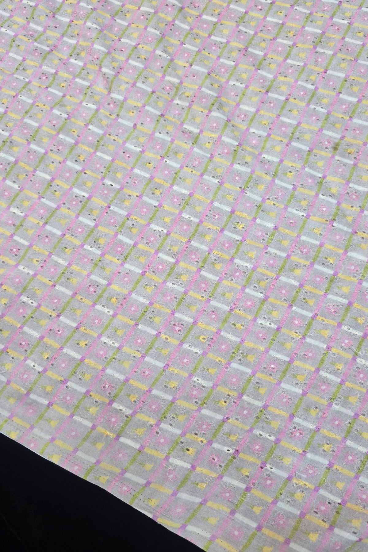 Old Checks With Floral & Multi Color Printed Pure Cotton Hakoba Fabric