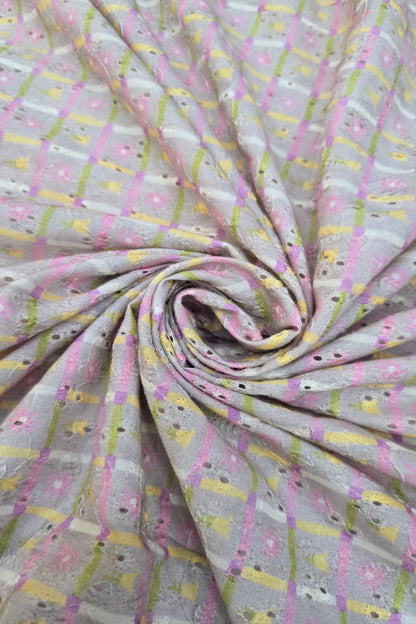 Old Checks With Floral & Multi Color Printed Pure Cotton Hakoba Fabric