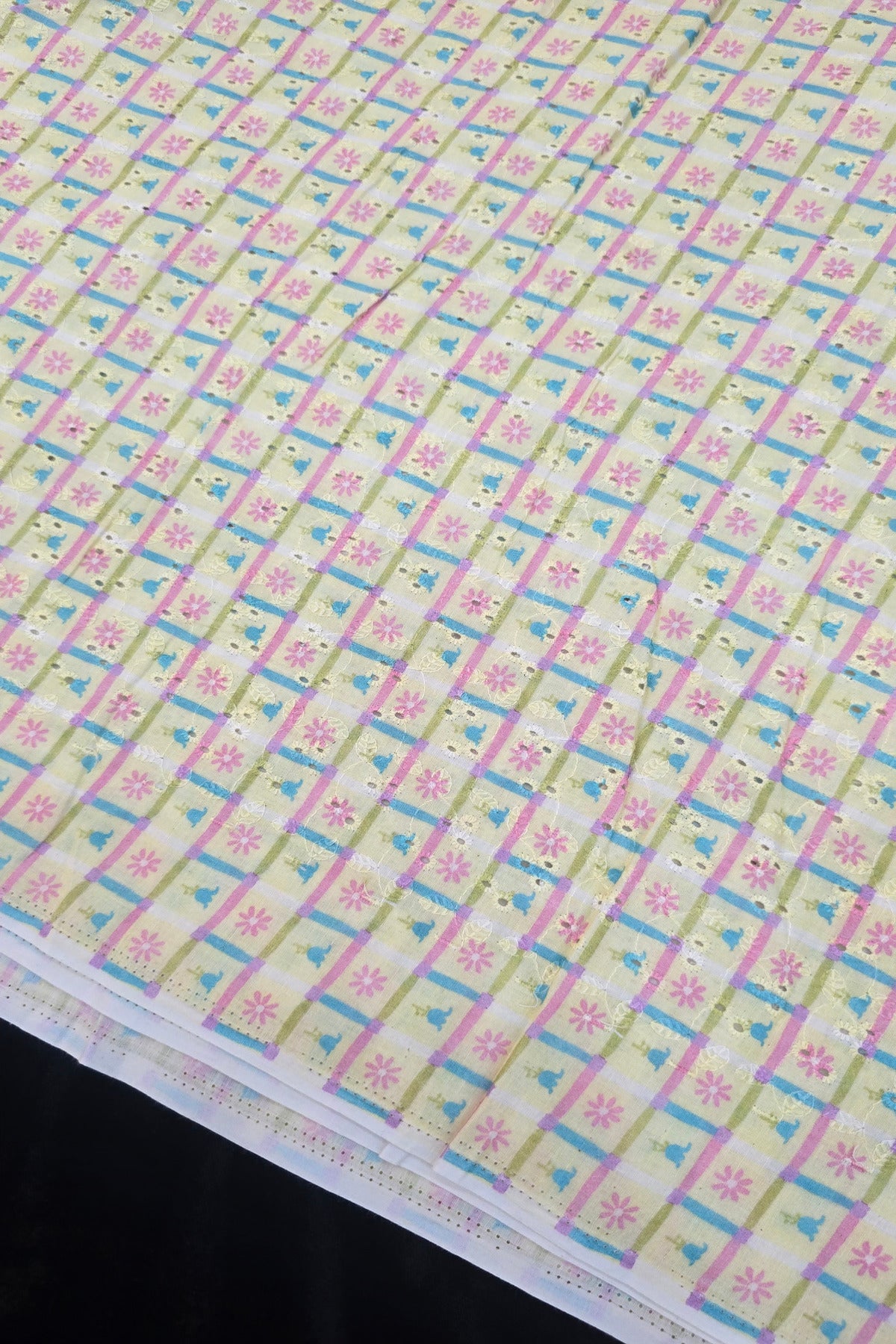 Old Checks With Floral & Multi Color Printed Pure Cotton Hakoba Fabric
