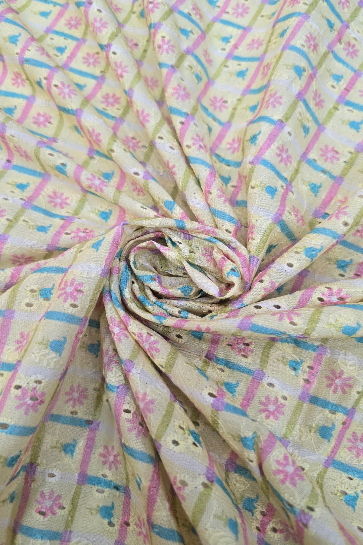 Old Checks With Floral & Multi Color Printed Pure Cotton Hakoba Fabric