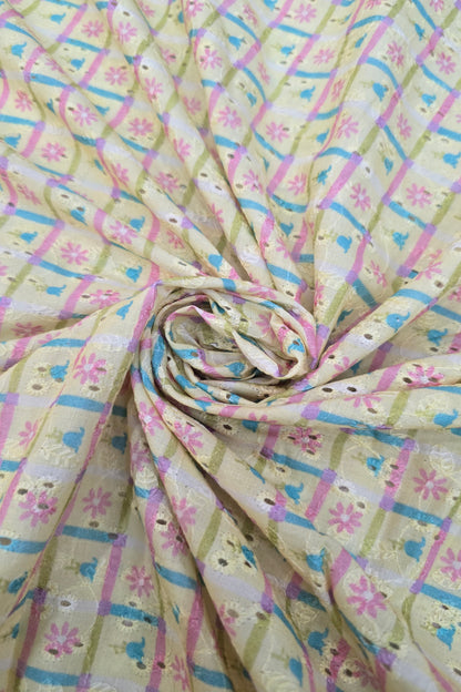 Old Checks With Floral & Multi Color Printed Pure Cotton Hakoba Fabric