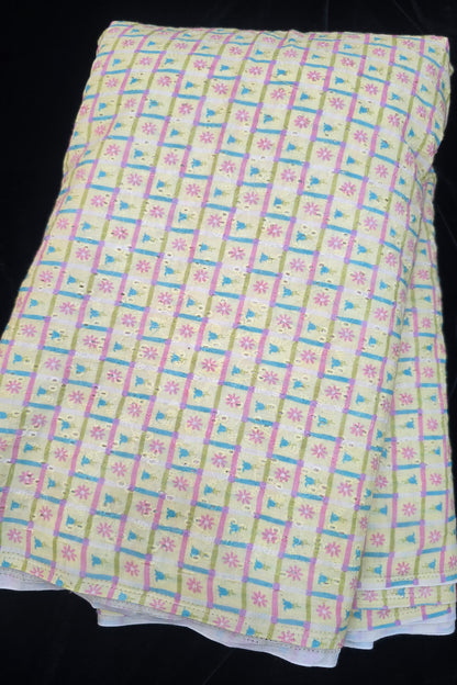 Old Checks With Floral & Multi Color Printed Pure Cotton Hakoba Fabric