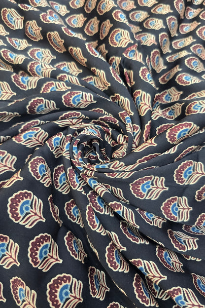 Mohar Flowers Ajrak Printed Pure Modal Satin Fabric
