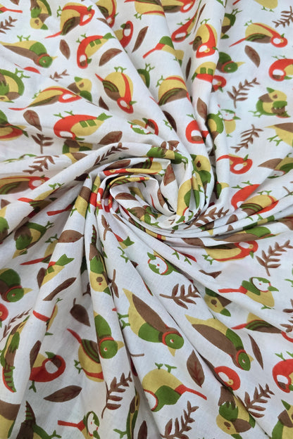 Old World Sparrow Printed Pure Cotton Fabric