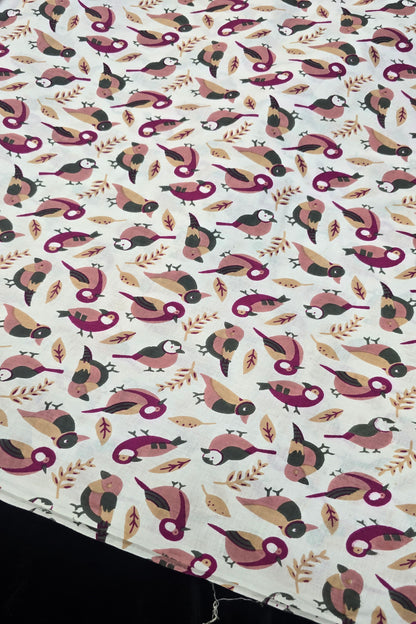 Old World Sparrow Printed Pure Cotton Fabric