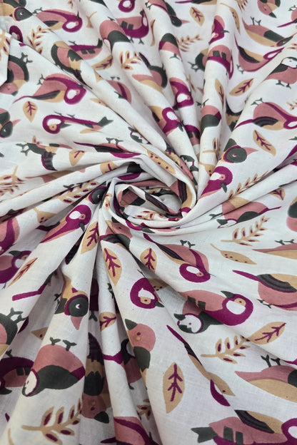 Old World Sparrow Printed Pure Cotton Fabric
