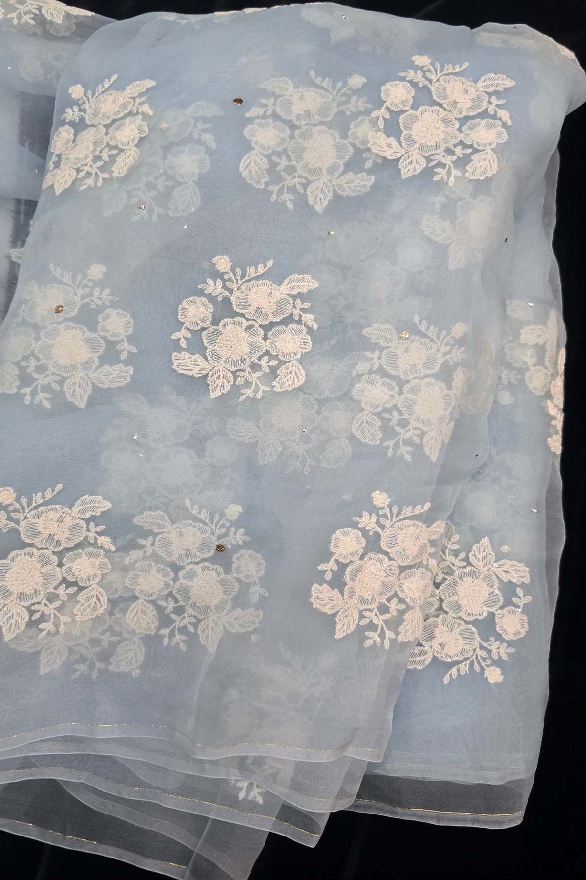 Trio Of White Flowers & Mukaish Embroidered Pure Organza Fabric