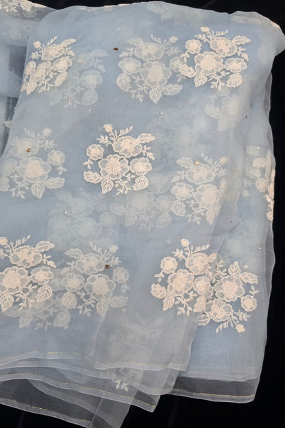 Trio Of White Flowers & Mukaish Embroidered Pure Organza Fabric