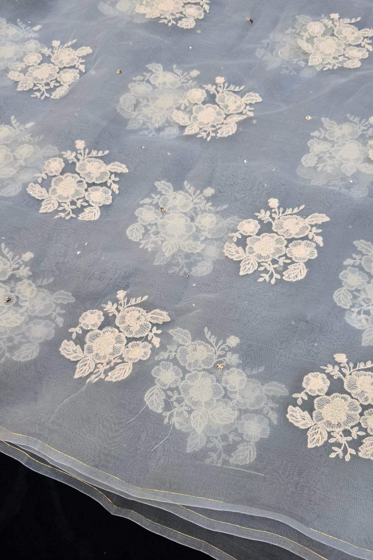 Trio Of White Flowers & Mukaish Embroidered Pure Organza Fabric