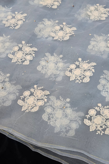 Trio Of White Flowers & Mukaish Embroidered Pure Organza Fabric
