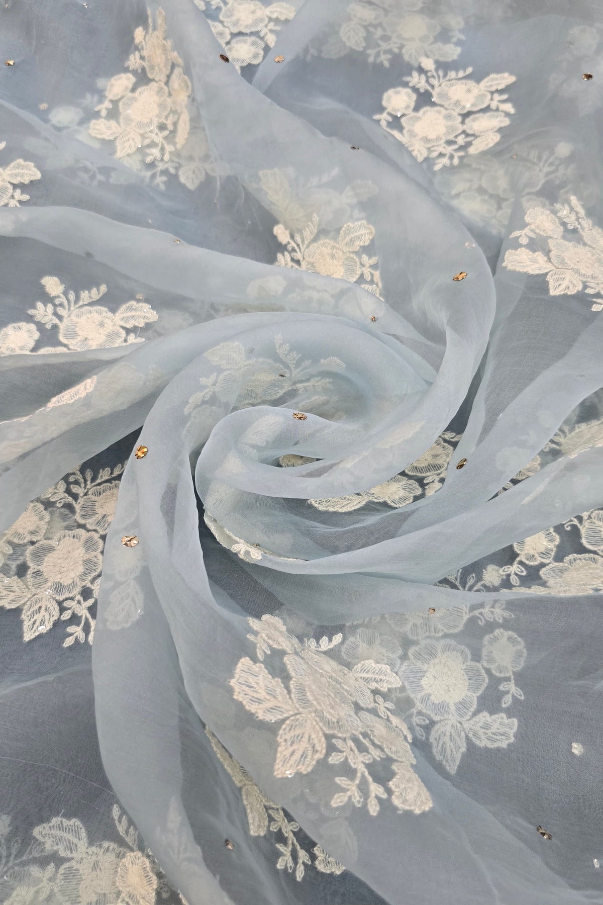 Trio Of White Flowers & Mukaish Embroidered Pure Organza Fabric