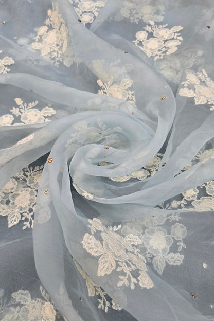Trio Of White Flowers & Mukaish Embroidered Pure Organza Fabric