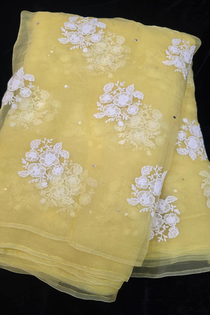 Trio Of White Flowers & Mukaish Embroidered Pure Organza Fabric
