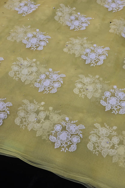 Trio Of White Flowers & Mukaish Embroidered Pure Organza Fabric