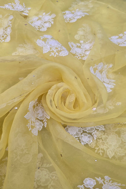 Trio Of White Flowers & Mukaish Embroidered Pure Organza Fabric