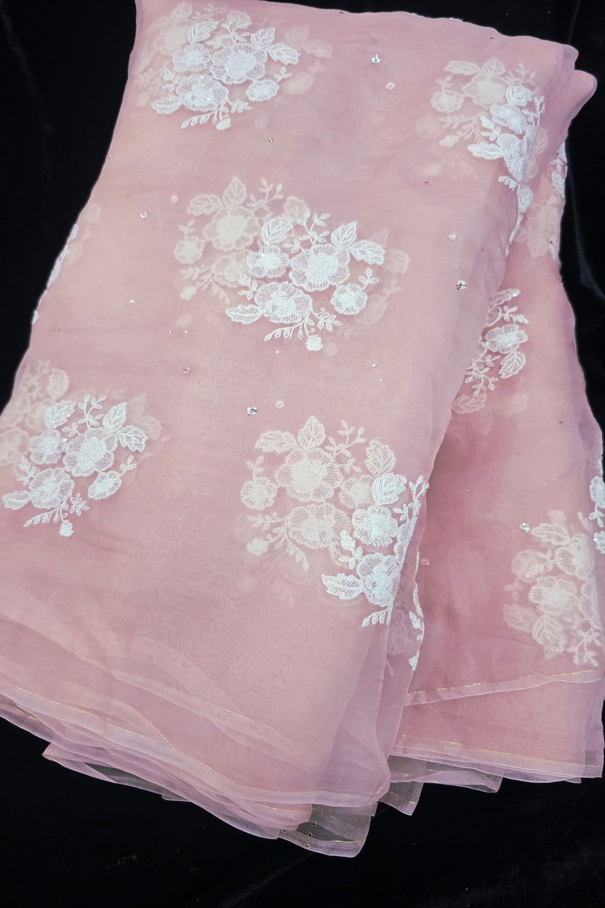 Trio Of White Flowers & Mukaish Embroidered Pure Organza Fabric