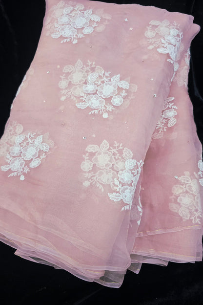 Trio Of White Flowers & Mukaish Embroidered Pure Organza Fabric