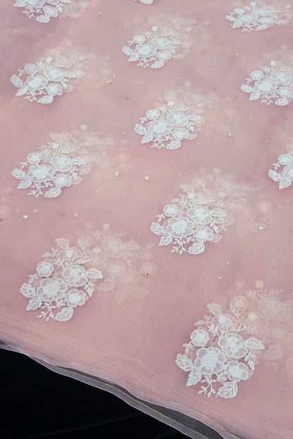 Trio Of White Flowers & Mukaish Embroidered Pure Organza Fabric