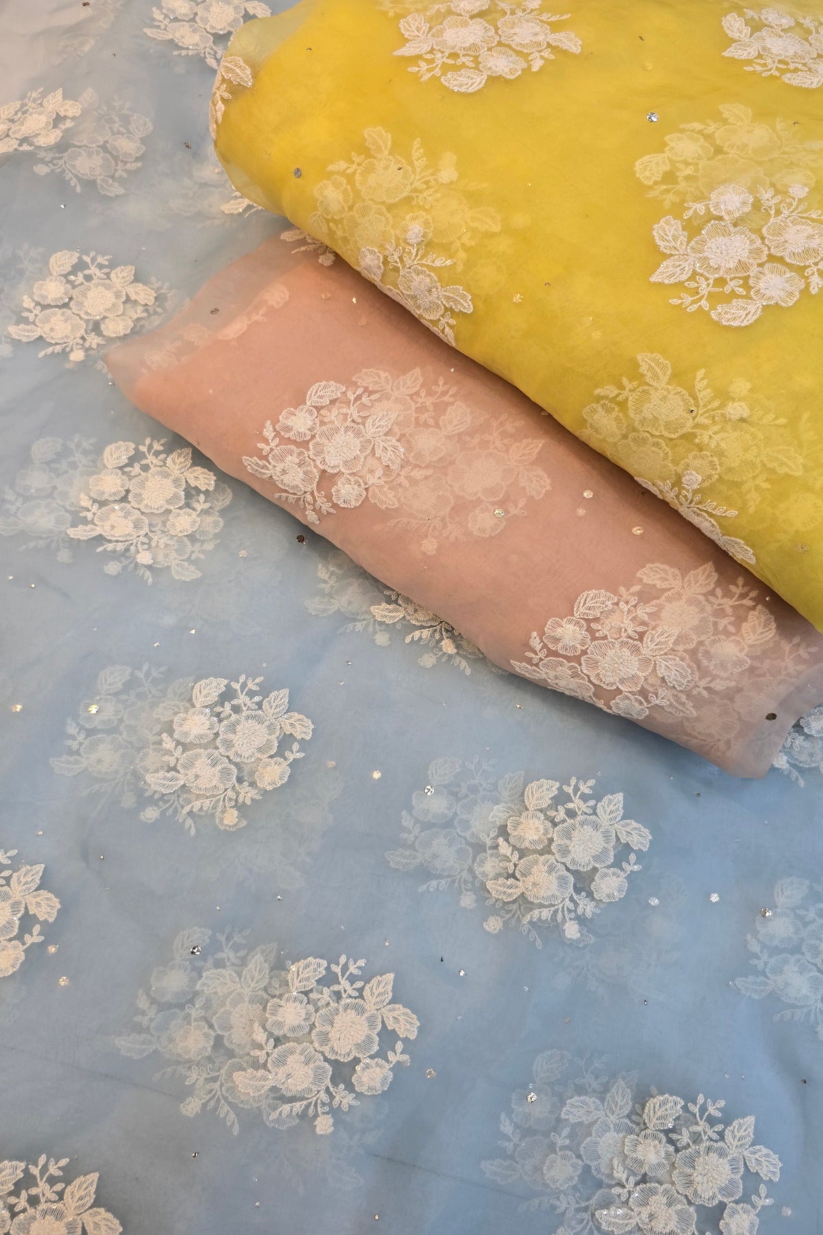 Trio Of White Flowers & Mukaish Embroidered Pure Organza Fabric